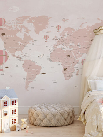 Painel Fotográfico Mapa Mundi Infantil Lúdico Balões Rosa