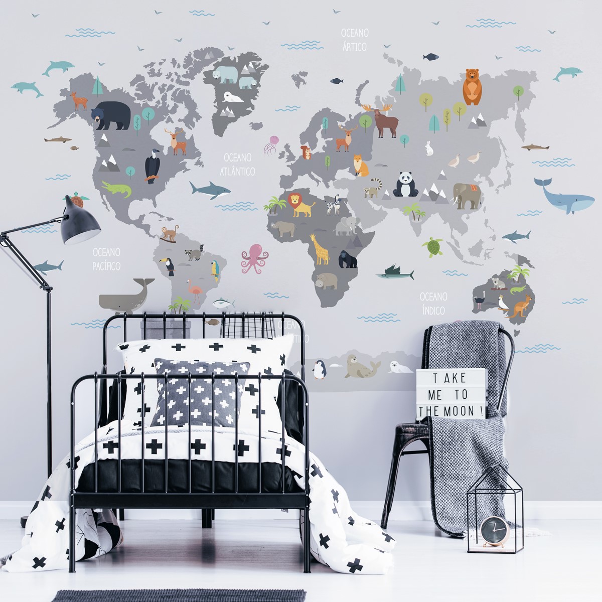 Grey Color Children's World Map Wallpaper Mural